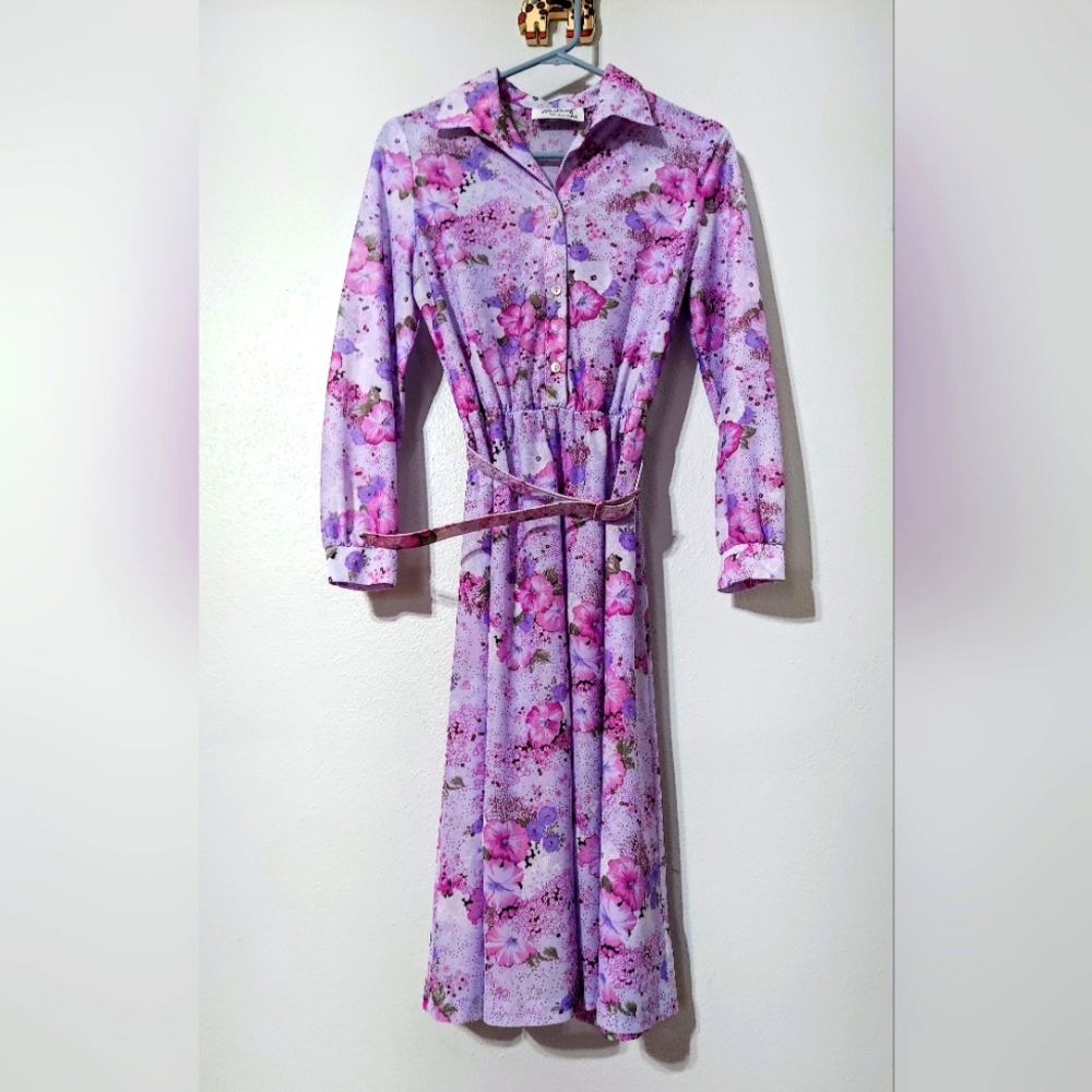Vintage 70s Malouf Of Dallas Dress Sheer Floral With Buckle Vtg Secretary Swing